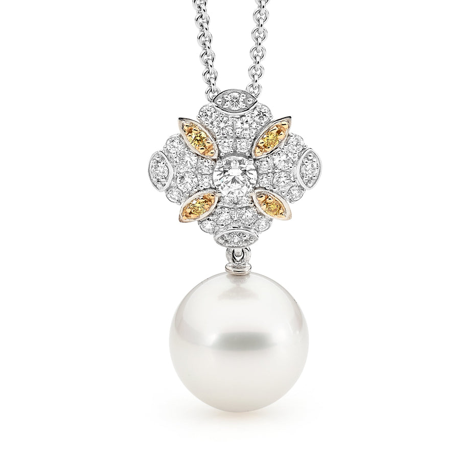 Round Pearl with Yellow & White Diamond Pendant jewellery stores perth perth jewellery stores australian jewellery designers online jewellery shop perth jewellery shop jewellery shops perth perth jewellers jewellery perth jewellers in perth diamond jewellers perth bridal jewellery australia pearl jewellery australian pearls diamonds and pearls perth