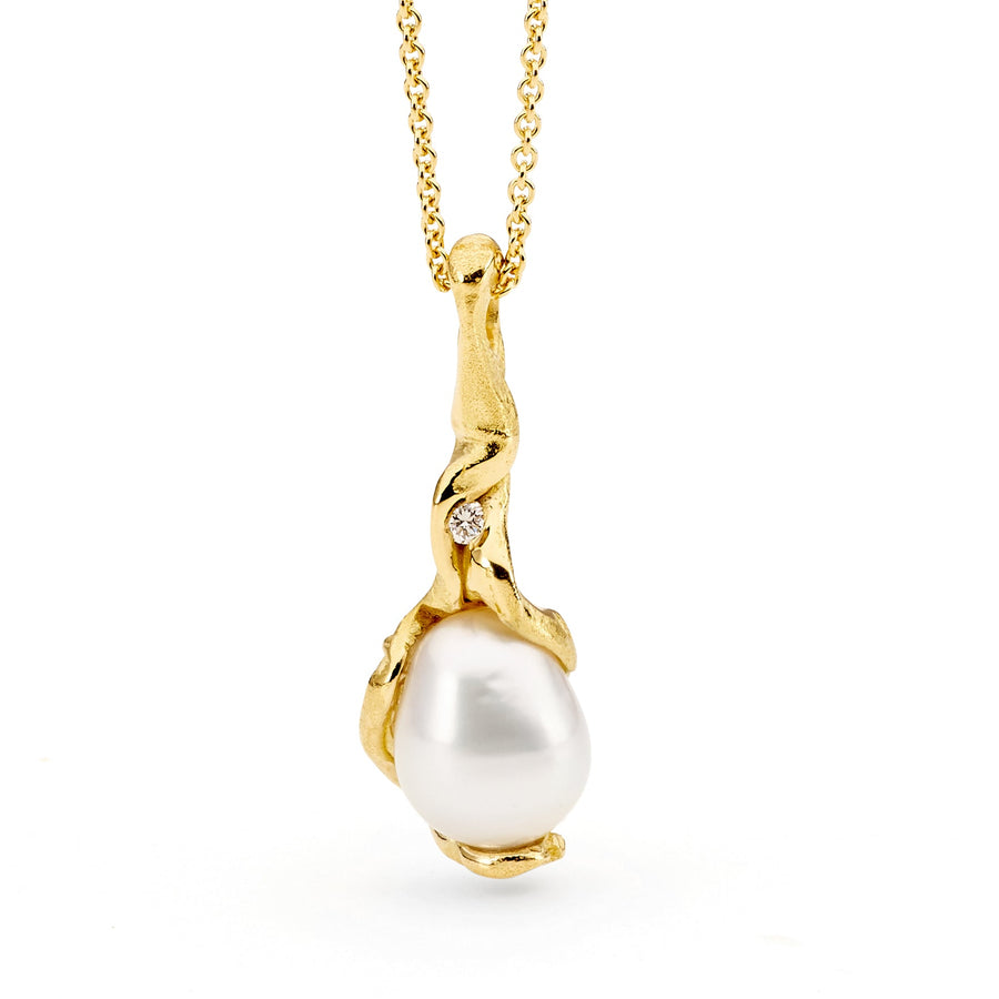 Yellow Gold Pearl and Diamond Oragnic Pendant