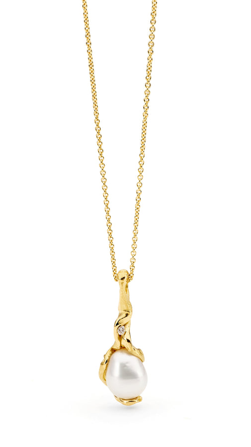 Yellow Gold Pearl and Diamond Oragnic Pendant